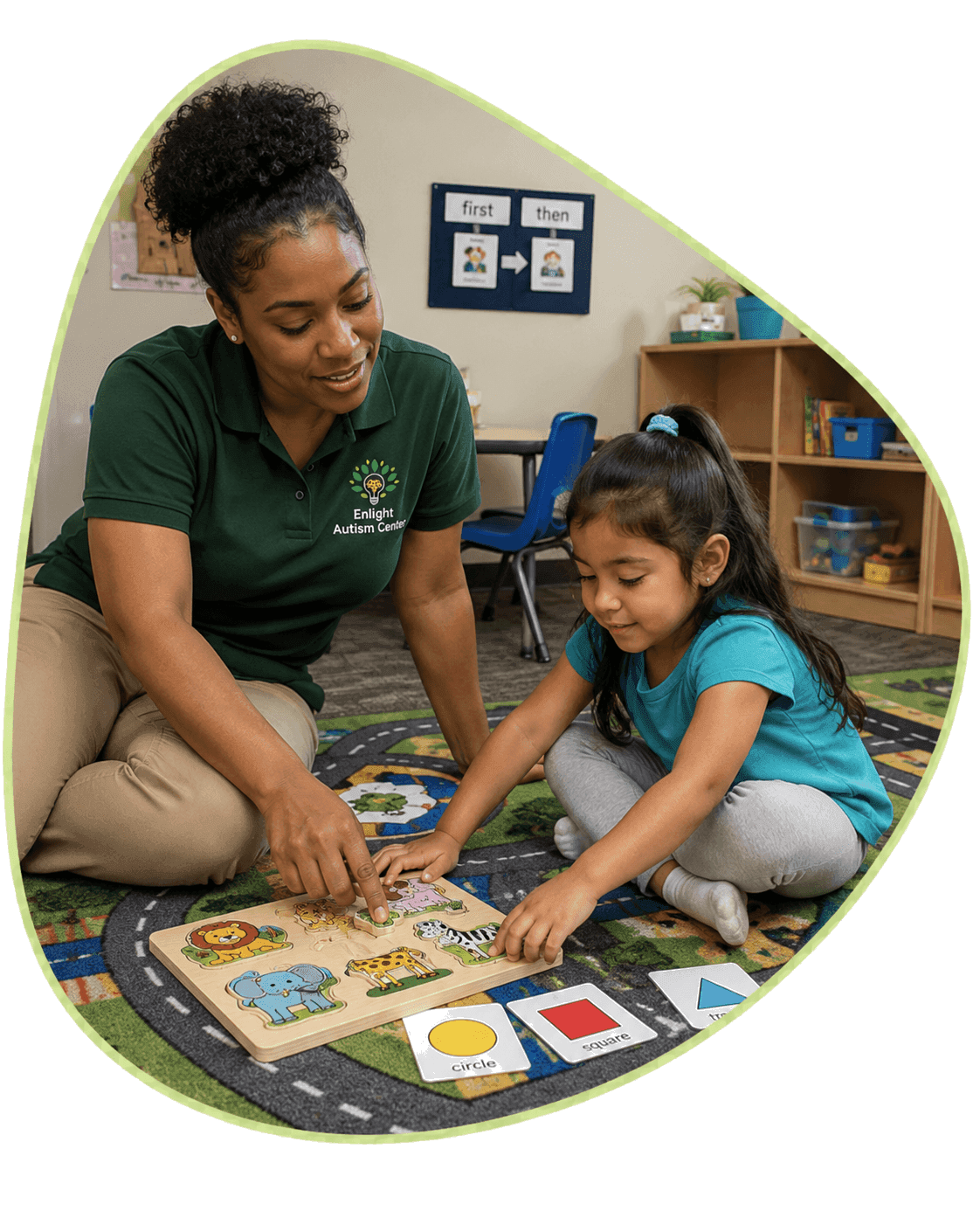 An Enlight therapist working on a learning puzzle with a child