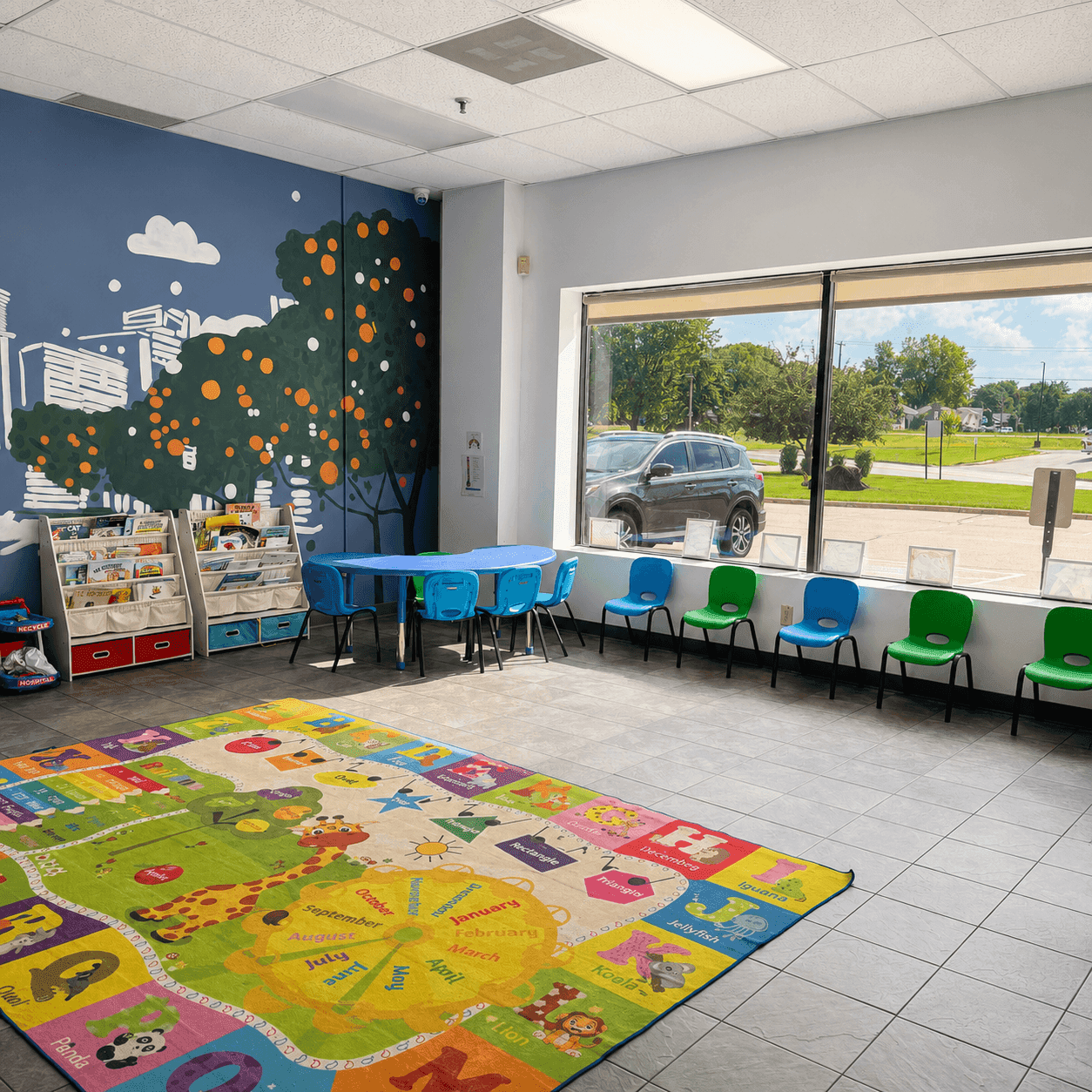 Enlight's structured learning room with small-group seating and a reading mural